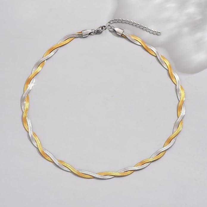 18K Gold Plated Snake Chain Herringbone Necklace Layered Double Chain Choker Necklaces for Women Trendy Jewelry Christmas Gifts