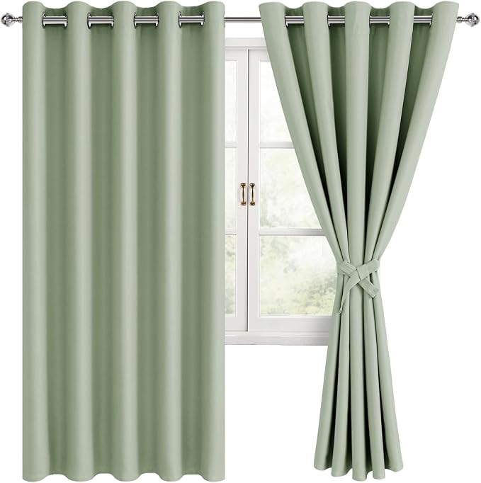 Hiasan Blackout Curtains for Bedroom, 60 x 63 Inches Length - Thermal Insulated & Light Blocking Window Curtains for Living Room/Kids Room, 2 Drape Panels Sewn with Tiebacks, Seafoam Green