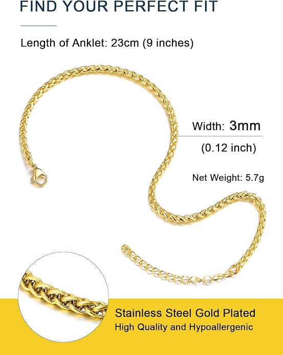 ChainsPro Resizable Anklet Chain for Women Men, Figaro/Wheat/Twist Rope/Cuban Foot Bracelet-Strong with Good Clasp-18K Gold Plated(Send Gift Box)