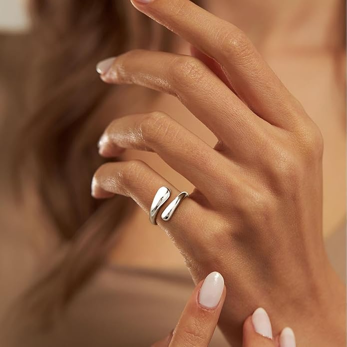 Non Tarnish Gold Chunky Rings for Women, 14K Gold Plated Statement Dome Rings Stacking Silver, Adjustable Mens Eternity Wedding Band Mixed Metal Jewelry Size 3-13