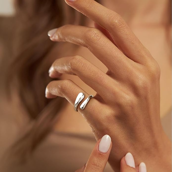 Non Tarnish Gold Chunky Rings for Women, 14K Gold Plated Statement Dome Rings Stacking Silver, Adjustable Mens Eternity Wedding Band Mixed Metal Jewelry Size 3-13