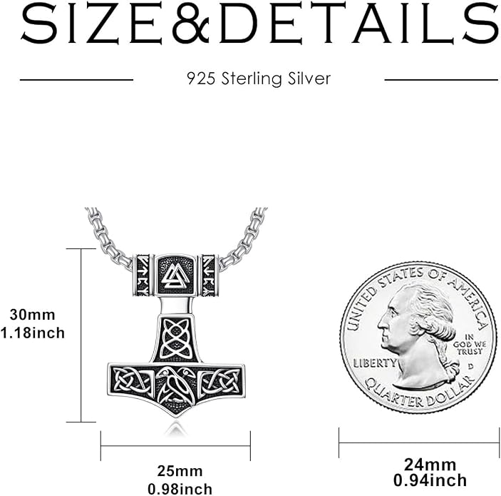 Viking Thor's Hammer Necklace 925 Sterling Silver Norse Mjolnir Amulet Pendant Jewelry for Men Women with 22''+2'' Stainless Steel Chain