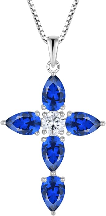 Cross Necklace for Women 925 Sterling Silver Teardrop Birthstone Pendant Religious Jewelry Gifts for Women