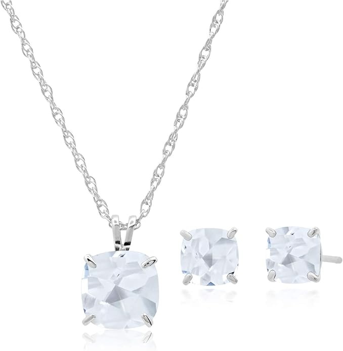 MAX + STONE 14k Gold Plated or Sterling Silver Cushion Cut Gemstone Stud Earrings and Pendant Necklace for Women with 6mm and 8mm Birthstones 18 Inch Chain and Push Backs Jewelry Set