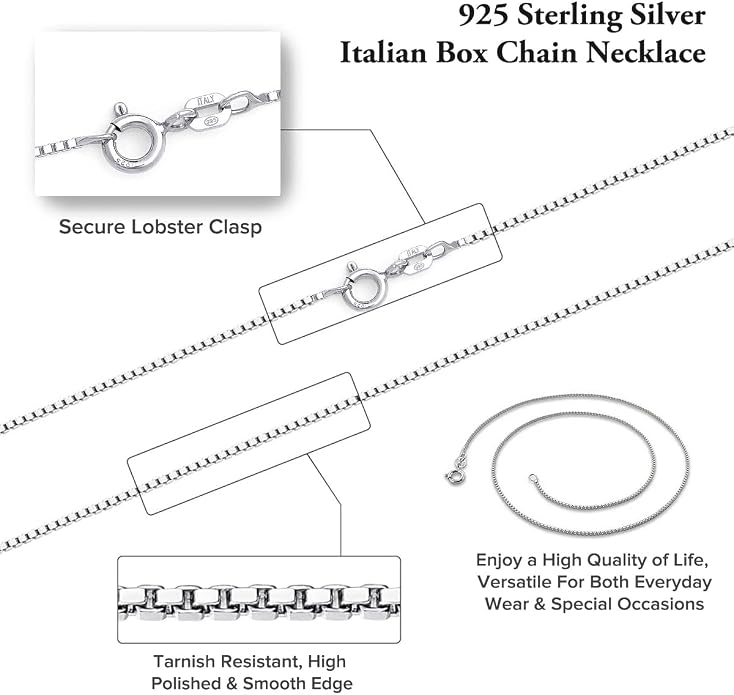 925 Sterling Silver Italian Box Chain Necklace - Secure Clasp, Perfect for Layering - Durable Necklace & Bracelet Chains for Everyday & Special Occasions