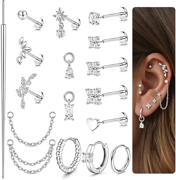 ORAZIO 16G/18G/20G Threadless Flat Back Earrings 316L Surgical Steel Cartilage Earring Stacks Flatback Push in Nose Rings Studs Hypoallergenic Tragus Helix Conch Labret Medusa Piercing Jewelry