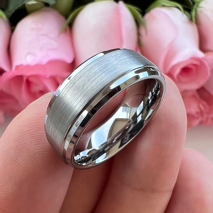 TUTISS 6mm 8mm Tungsten Rings for Men Women Fashion Engagement Wedding Bands Brushed Finish Stepped Beveled Edges Comfort Fit