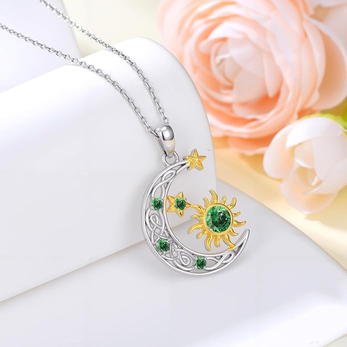 PELOVNY Sun and Moon Necklace for Women 925 Sterling Silver Sun Moon Star Birthstone Pendant Necklaces Birthday Christmas Jewelry Gifts for Mom Daughter Wife Sister