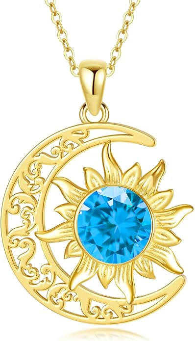 Crescent Moon Necklace for Women 18K Gold Plated Silver Moon and Sun Pendant with Gemstone Dainty Birthstone Jewelry Pendant Necklace for her