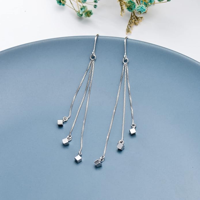 Sterling Silver Threader Earrings Flower Heart Moon Star Tiny Cube Rhombus Sector Beads Dream Catcher Evil Eye Butterfly Leaf Lightning Bolt Tassel Dangle Drop Chain Charm Earrings Jewelry Gifts for Women