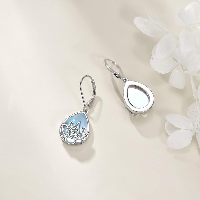 Lotus Earrings Sterling Silver Lotus Flower Dangle Drop Earrings Yoga Jewelry Gifts for Women