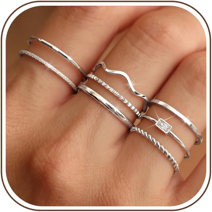 THUNARAZ 8Pcs Stackable Rings for Women Non Tarnish 14K Gold Plated Stainless Steel Dainty Rings Set Minimalist Thin Thumb Ring Cubic Zirconia Wave Statement Ring Bands for Women Size 5-10