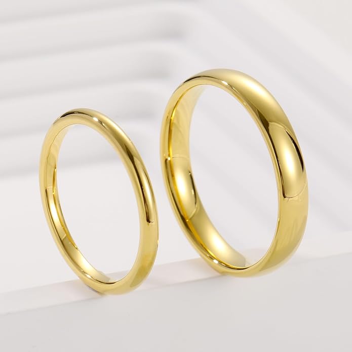 Vakki Gold Tungsten Wedding Bands for Men Women 2/4/6/8mm 14k Gold Plated Slim Stacking Stackable Engagement Promise Rings Domed High Polished Finish Comfort Fit size 5-12