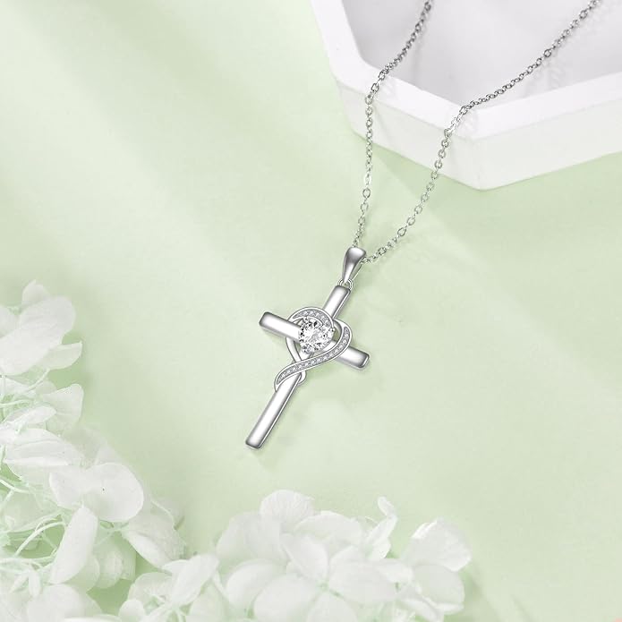 Cross Necklace for Women 925 Sterling Silver Infinity Love Heart Birthstone Pendant Necklace Cross Birthday Jewelry Gifts for Her