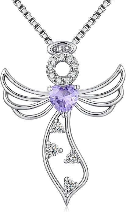 925 Sterling Silver Guardian Angel Pendant Necklace for Women - Birthstone Cubic Zirconia, 18" Chain, Gift for Her
