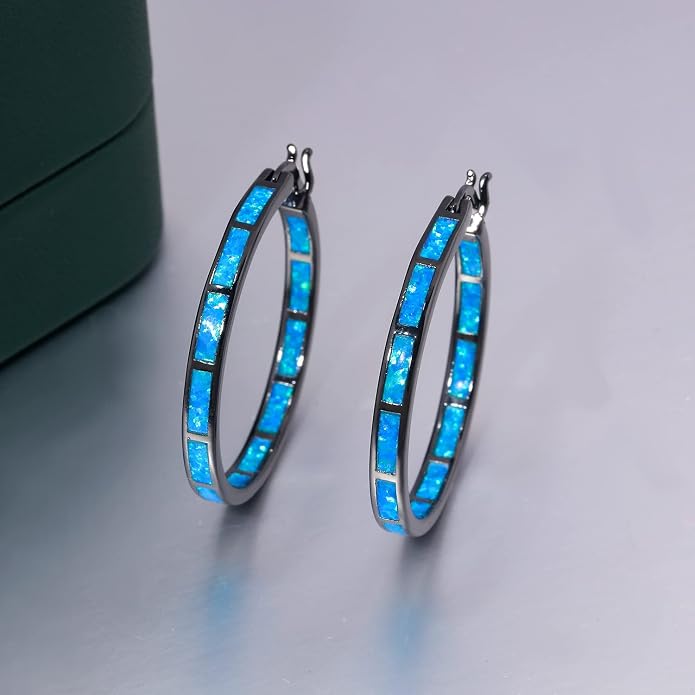 CiNily Opal Hoop Earrings,Women Jewelry Rhodium Plated/Rose Gold or Yellow Gold Plated Gemstone Big Hoop Earrings 32mm