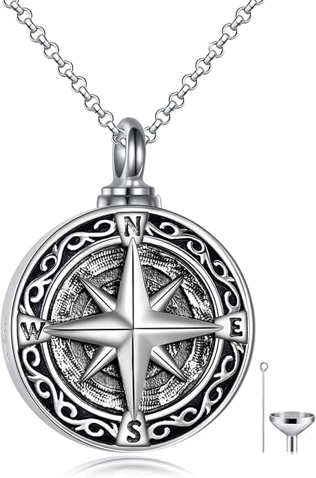 VONALA Halloween Necklace Sterling silver Pirate Skull Thor Hammer Wolf Compass Necklace for Men Compass Urn Necklace for Ashes Nordic Viking Jewelry Women
