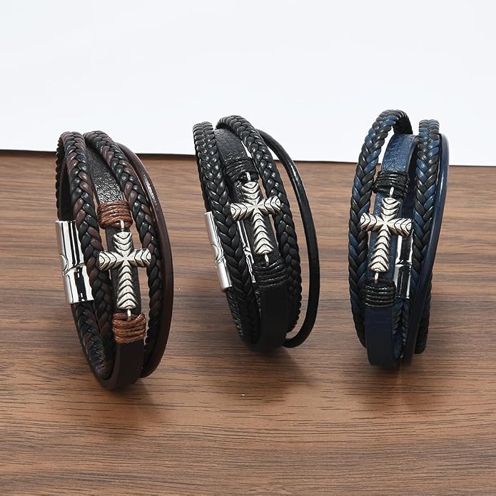 Men's Cross Leather Bracelet Vintage Christian Religious Faith Cuff Bangle Multi-Layer Braided Genuine Leather Wrap Wristband with Stainless Steel Clasp Jewelry for Women Him or Her
