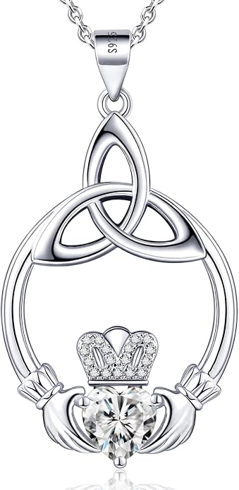 Gift Birthstone Necklaces for Women 925 Sterling Silver Irish Claddagh Necklace for Women Heart Birthstone Pendant Necklace Anniversary Birthday Gifts for Wife Lady Cable Chain 18"+2"