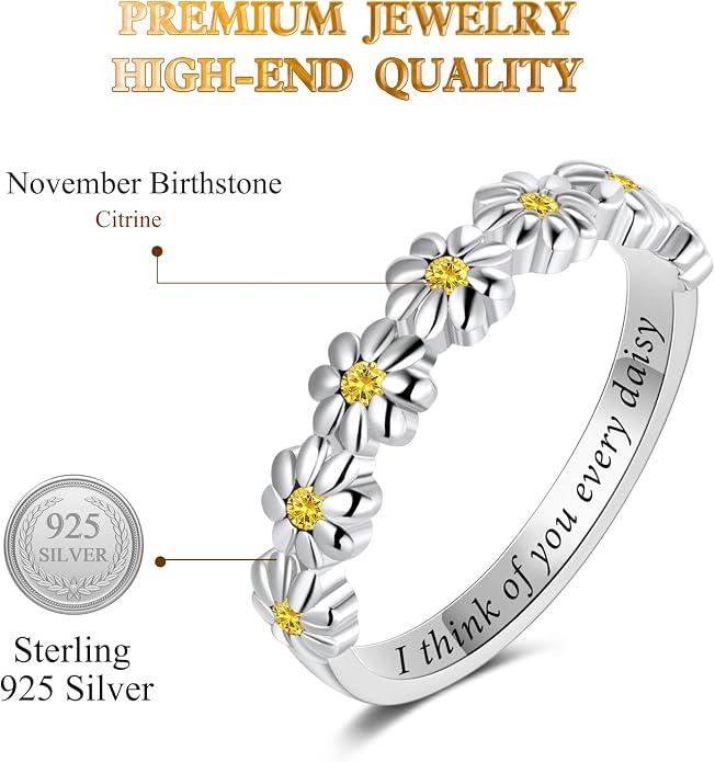 Dainty Daisy Ring for Women, S925 Sterling Silver Cubic Zirconia Sunflower Flower Ring For Daughter, I Think Of You Every Daisy Ring, Birthstone Flower Ring