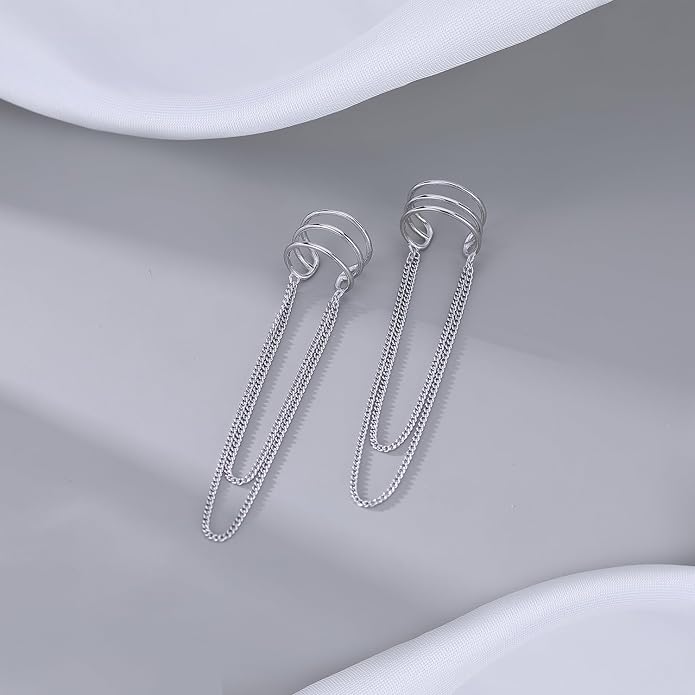 SLUYNZ 925 Sterling Silver No Piercing Cuff Earrings Chain for Women Wrap Earrings Tassel Clip On Ear