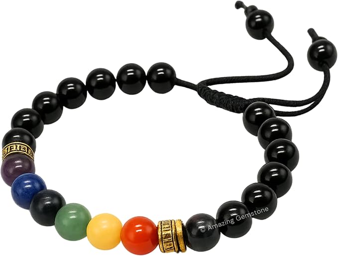 Amazing Gemstone Chakra Black Obsidian Bracelet, Gifts for Men & Women - Protection Healing Crystal Bracelet - 8mm Gemstone Beaded Adjustable Bracelet, Pulseras para Hombres Mujer Stocking Stuffers