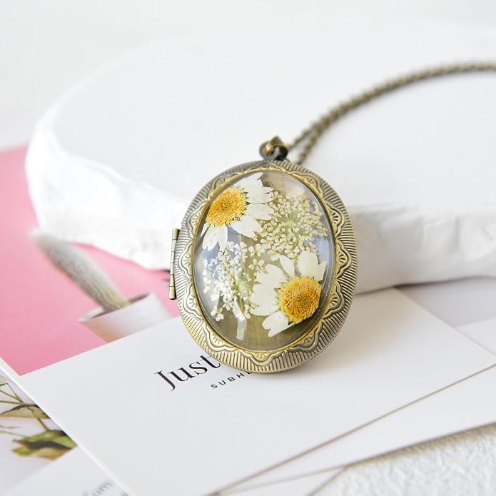 Vintage Photo Locket Necklace Handmade Pressed Flower Locket Necklace for Women