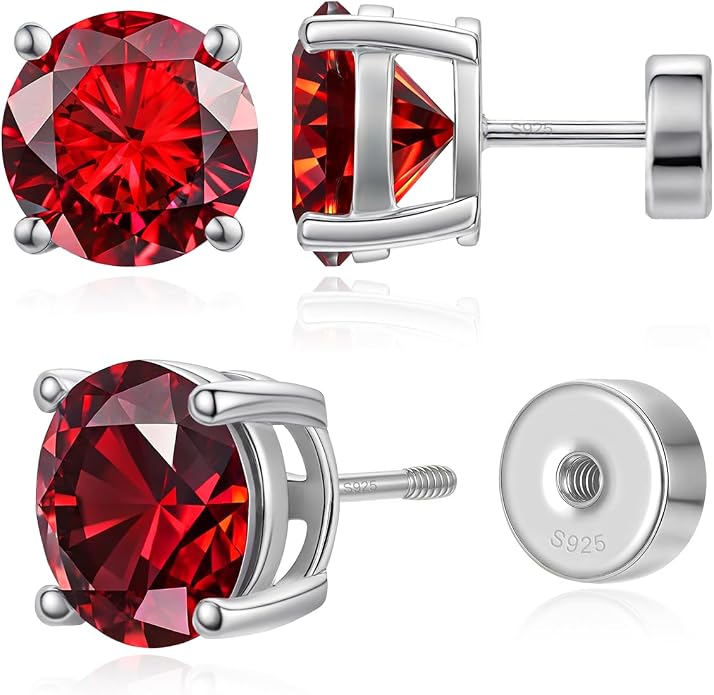 Heart Birthstone Flat Back Stud Earrings, 925 Sterling Silver 18K White Gold Plated, Poke-Free Comfortable Sleep Hypoallergenic Personalized Ear Piercing Jewelry, Mother's Day Birthday Gifts for Women