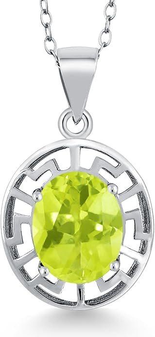 Gem Stone King 925 Sterling Silver 10X8MM Oval Gemstone Birthstone Necklace | Greek Key Pendant Necklace for Women | With 18 Inch Silver Chain