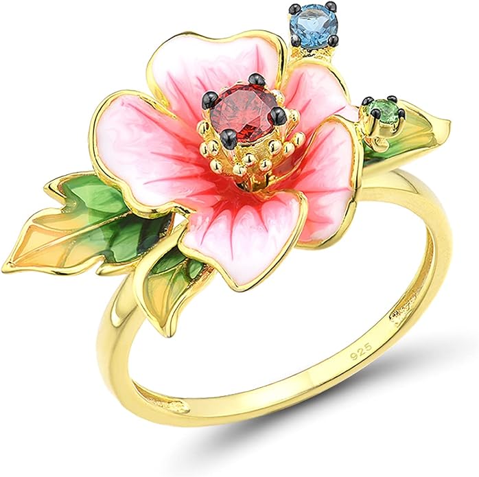 Santuzza 925 Sterling Silver Enamel Flower Statement Ring for Women