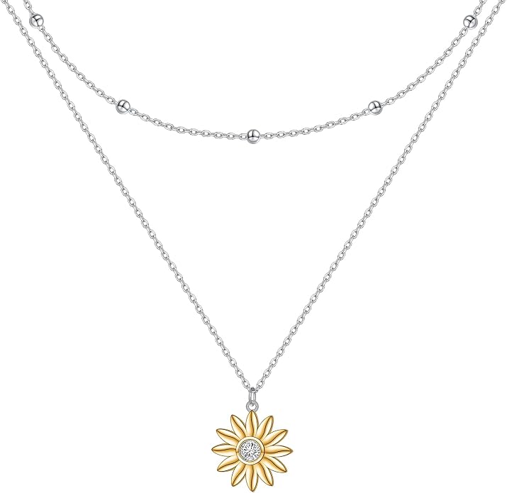 FLYOW Layered Choker Necklace S925 Sterling Silver Star Full Moon Daisy Flower Pendant Disc Jewelry Adjustable Clavicle Necklaces for Women Girls Birthday Gifts