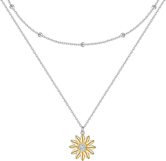 FLYOW Layered Choker Necklace S925 Sterling Silver Star Full Moon Daisy Flower Pendant Disc Jewelry Adjustable Clavicle Necklaces for Women Girls Birthday Gifts