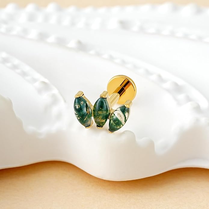 FINE4U 16G Moss Agate Body Piercing Jewelry for Helix Flat Tragus Lobe 16G 6mm 8mm - ASTM F136 Titanium Screw on Flat Back Stud, Hypoallergenic Cartilage Earring