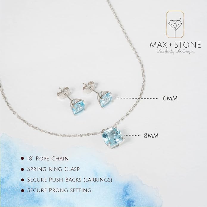 MAX + STONE 14k Gold Plated or Sterling Silver Cushion Cut Gemstone Stud Earrings and Pendant Necklace for Women with 6mm and 8mm Birthstones 18 Inch Chain and Push Backs Jewelry Set