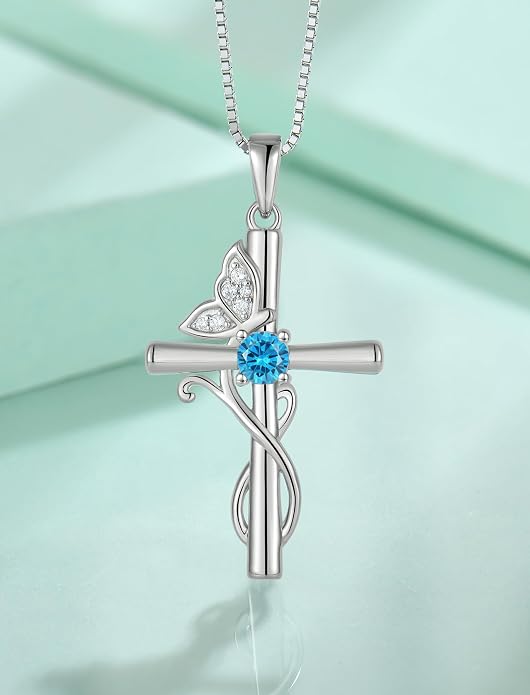 STARCHENIE Butterfly Cross Necklace 925 Sterling Silver Crucifix Pendant Birthstone Jewelry for Women