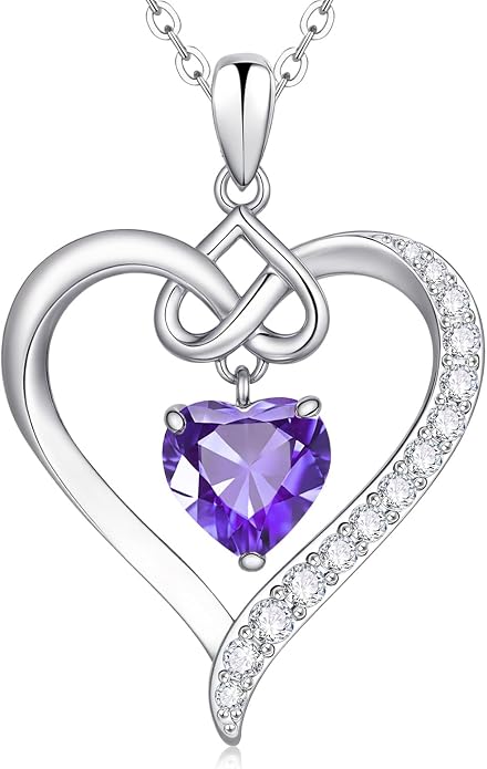 925 Sterling Silver Birthstone Heart Necklace for Women - Infinity Love Pendant with Cubic Zirconia, 12 Colors, Valentine's Day Gift for Her, 12 Months, Birthday Anniversary Christmas Jewelry Gifts