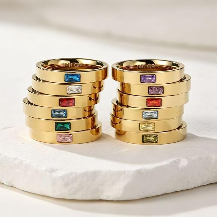 Birthstone Rings for Women 14K Gold Plated Stackable Band Non Tarnish Gold Rings Hypoallergenic Anniversary Mother's Day Christmas Gift for Her