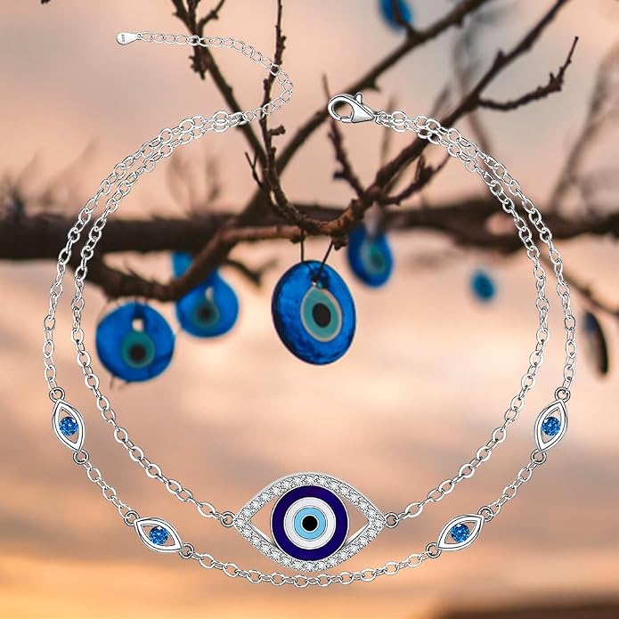 Evil Eye Anklet Sterling Silver Infinity Lotus Flower Evil Eye Anklets for Women Ankle Bracelets Turkish Blue Eyes Protection Chain Jewelry