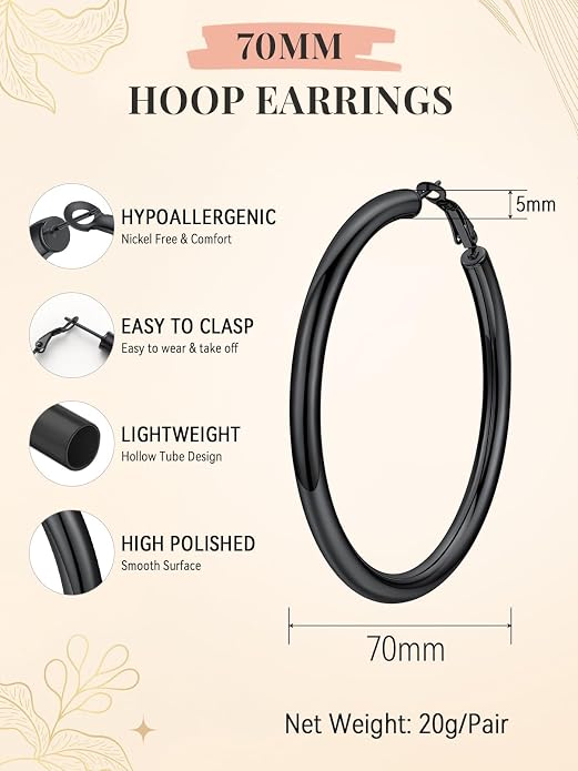 FaithHeart Chunky Hoop Earrings for Women, Silver/Black/14K Gold Plated Stainless Steel Earrings 5mm Thick Hollow Tube Hoops Hypoallergenic Lightweight Earring 20/30/40/50/60/70/80mm