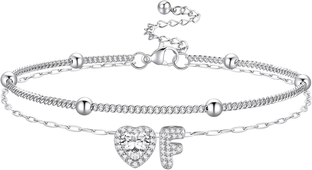 Bestyle Initial Anklet Bracelets for Women Waterproof Non Tarnish 14K Gold/White Gold Plated CZ Anklets for Women Dainty Layered Letter Heart Ankle Bracelets Adjustable Foot Chain Anklet