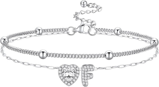 Bestyle Initial Anklet Bracelets for Women Waterproof Non Tarnish 14K Gold/White Gold Plated CZ Anklets for Women Dainty Layered Letter Heart Ankle Bracelets Adjustable Foot Chain Anklet