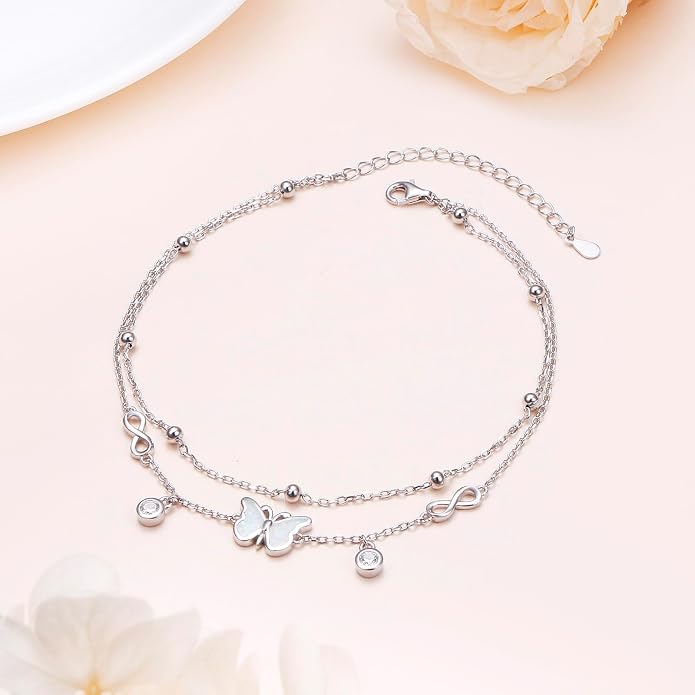 Anklets for Women 925 Sterling Silver Blue Evil Eye Infinity Butterfly Adjustable Multilayer Layered Summer Beach Ankle Bracelet Foot Chain Jewelry for Women