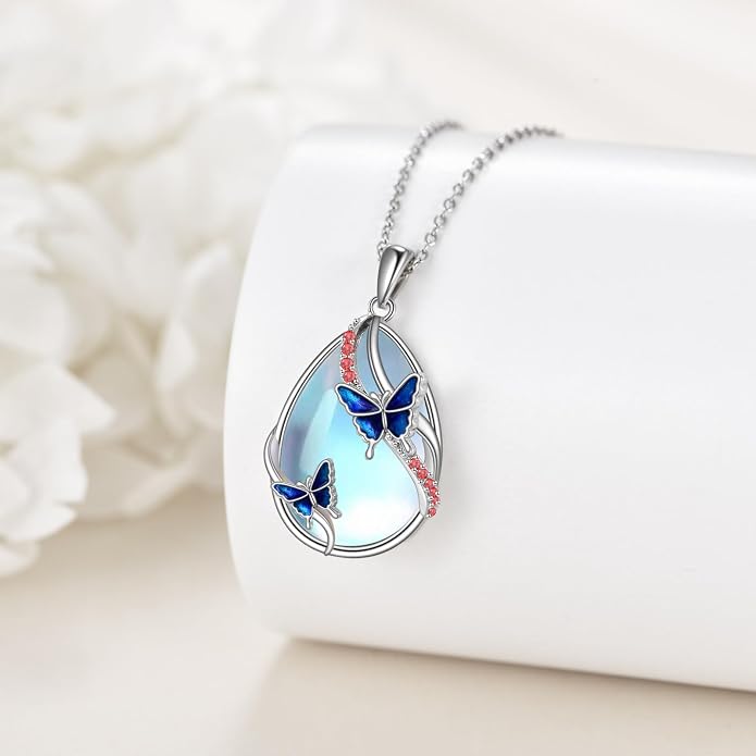 KQF Dragonfly/Butterlfy/Cat/Jellyfish/Bunny/Axolotl/Bee/Mermaid/Hummingbird/Elephant Necklace for Women Sterling Silver Moonstone Pendant Necklace Dragonfly Jewelry Gifts for Women