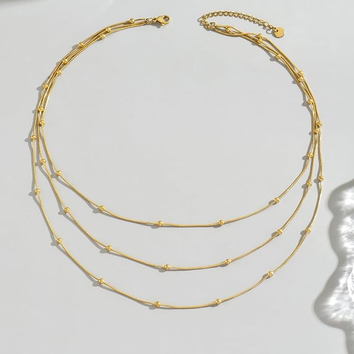 18K Gold Plated Layered Herringbone Necklaces for Women Dainty Layering Beaded Snake Chain Choker Moon Coin Pendant Necklace Trendy Stainless Steel Jewelry
