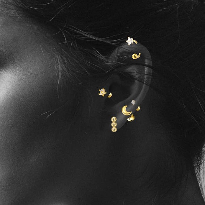 COSMO CARAT 14K Gold Plated Nap Earrings 925 Sterling Silver Star Moon CZ Stud Earrings Screw Back Hypoallergenic Celestial Tiny Cartilage Helix Second Piercing Earrings For Women