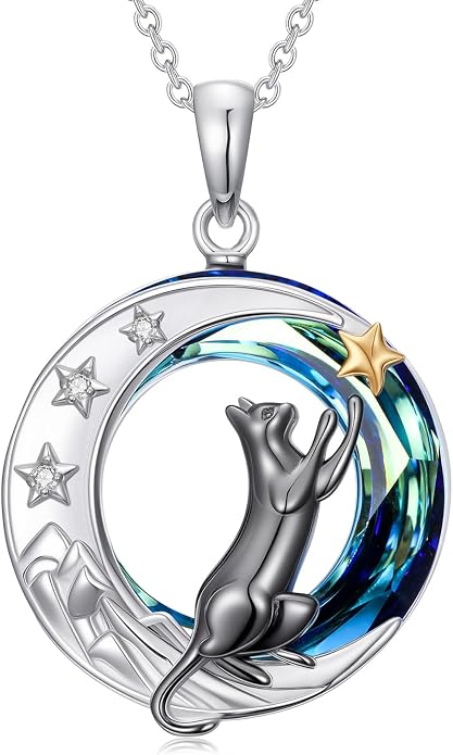 TOUPOP Cat Necklace Gifts for Women Sterling Silver Celtic Mounatin Moon Pendant with Blue Crystal Birthday Christmas Jewelry Gifts for Women