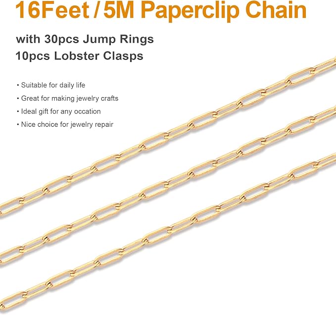 Kyutong 5M Gold PVD Plated Necklace Chain for Jewelry Making 304 Stainless Steel Paperclip Chain Roll with Lobster Clasps and Jump Rings for Men Women Making Jewelry Craft Support Jewelry Findings
