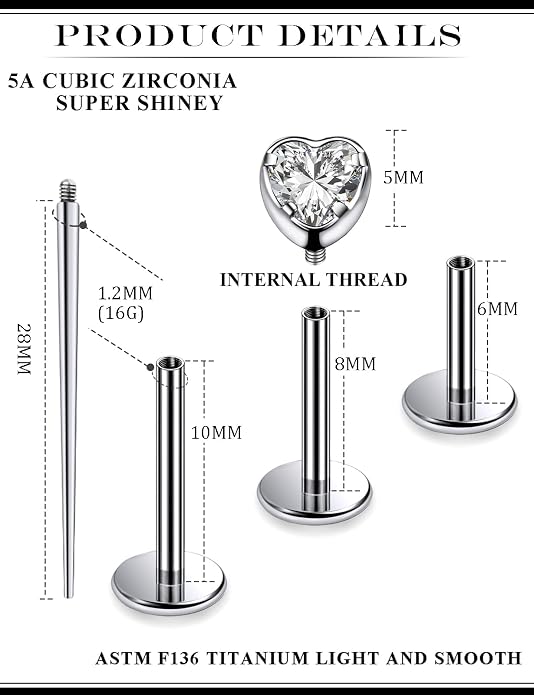 16G Astm F136 Titanium Internal Thread Flat Back Earrings Nose Studs Tragus Forward Helix Conch Cartilage Lobe Earrings Stud Medusa Labret Monroe Lip Ring Piercing Jewelry For Women Men