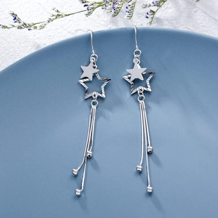 VONALA Moon Star Threader Earrings Sterling Silver Long Earrings for Women Hypoallergenic Tassel Chain Earrings for Teen Girls