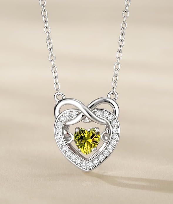 Trendy Dainty Infinity Birthstone Necklace, Dancing Heart 18K White Gold Plated 925 Sterling Silver Heart Necklace, Romantic Love Jewelry Graduation Gifts for Women Her
